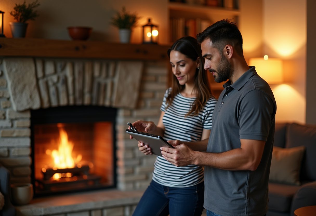 Technician showing a camera inspection beside a stone fireplace — Alexandria