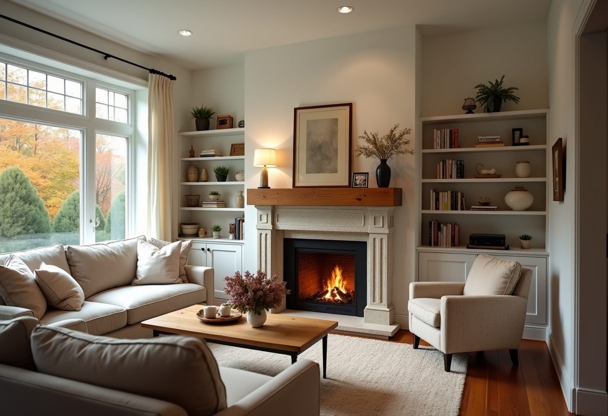 Lit stone fireplace in a bright living room — Alexandria